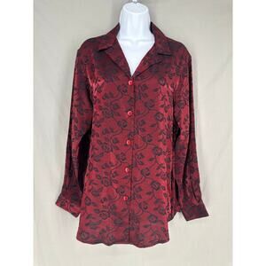 90s Vintage Top Womens Medium Red Floral Satin Black Button Cottage Whimsigoth